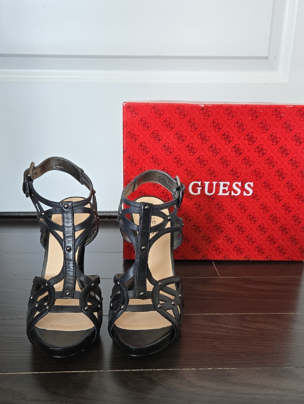 GUESS Black Strappy Studded High-Heel Sandals